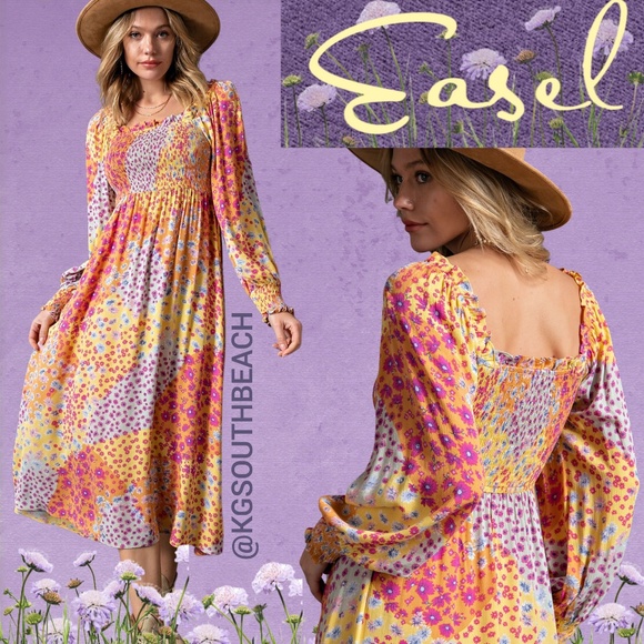 easel Dresses Easel Floral Print Stretchy Bust Detailed Sleeves